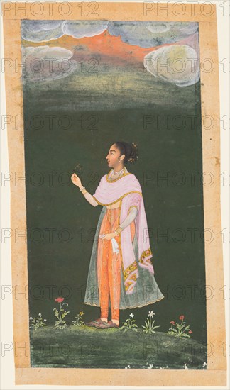 Lady Holding a Flower, c. 1670s–80s. Northwestern India, Rajasthan, Rajput Kingdom of Bikaner. Opaque watercolor and gold on paper; miniature: 19.7 x 10 cm (7 3/4 x 3 15/16 in.).