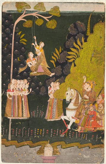 Maharaja Abhai Singh, Equestrian, Watching Girls Swinging at the Teej Festival, c. 1740. Northwestern India, Rajasthan, Marwar, Rajput Kingdom of Jodhpur. Opaque watercolor, ink, tin, and gold on paper; miniature: 29.9 x 19.4 cm (11 3/4 x 7 5/8 in.).