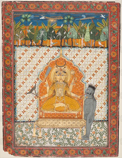 Devi enshrined and holding the tongue of a demon, c. 1725. India, Sirohi or North Deccan. Color on paper; page: 35.6 x 26.7 cm (14 x 10 1/2 in.).
