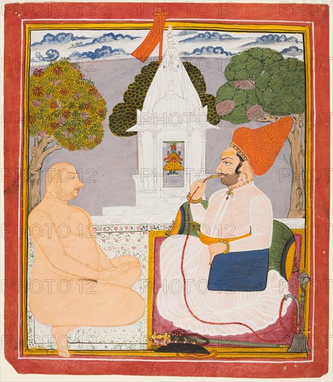 A Rathor Noble Visiting a Digambara holy man at a Vishnu Shrine, probably Baba Atmaram, c. 1760. India, Marwar. Color on paper; page: 33.4 x 29.3 cm (13 1/8 x 11 9/16 in.).