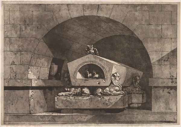 Tomb with Sphinx: Funerary Monument with an Owl on a Sarcophagus Supported by Sphinx (Tombeau avec sphinx: Grabjmonument mit einer Eule auf einem von Sphingen getragenem Sarkophag), c. 1779-1784. Louis Jean Desprez (French, 1743-1804). Aquatint; platemark: 35 x 50.3 cm (13 3/4 x 19 13/16 in.)