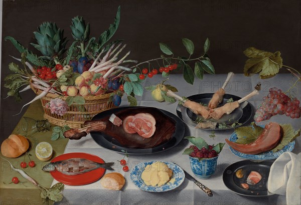 Still Life with Meat, Fish, Vegetables and Fruit, c. 1615-1620. Jacob van Hulsdonck (Flemish, 1582-1647). Oil on panel, the reverse prepared with gesso; 71.5 x 104 cm (28 1/8 x 40 15/16 in.).