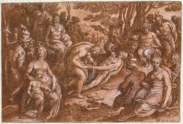 The Flaying of Marsyas, ca. 1585-1603. Jan van der Straet, called Johannes Stradanus (Netherlandish, active Antwerp and Florence, 1523-1605). Pen and brown ink and brown and red washes, heightened with white, on paper prepared with red wash; sheet: 21.1 x 31.5 cm (8 5/16 x 12 3/8 in.).