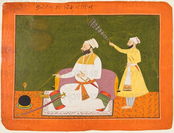 Raja Bikram Singh of Guler (reigned 1661-85) Smoking, about 1680. Northern India, Himachal Pradesh, Pahari Kingdom, probably Chamba. Opaque watercolor and gold on paper; page: 21.9 x 28.9 cm (8 5/8 x 11 3/8 in.); miniature: 17.2 x 24.1 cm (6 3/4 x 9 1/2 in.).