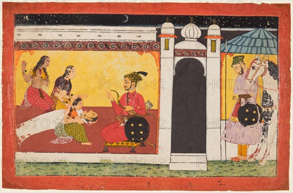 A woman faints before a prince, a night scene from a Madhavanala Kamakandala series, c. 1700. India, Bilaspur. Color on paper; page: 20.3 x 31.2 cm (8 x 12 5/16 in.).