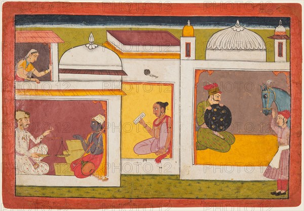 Inside a building, Madhava sits facing a man holding a scale, from a Madhavanala Kamakandala series, c. 1700. India, Bilaspur. Color on paper; page: 21.6 x 31.4 cm (8 1/2 x 12 3/8 in.).