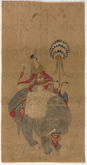 Samantabhadra on an Elephant with Two Attendants, 1392-1910. Korea, Joseon dynasty (1392-1910). Ink and color on paper; painting only: 52.7 x 28 cm (20 3/4 x 11 in.); overall: 71.1 x 55.9 cm (28 x 22 in.).