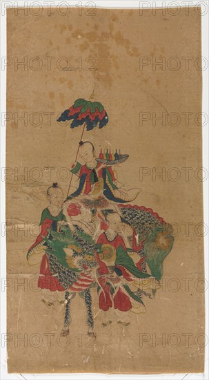 Daoist Immortal on a Kilin and Two Attendants, 1392-1910. Korea, Joseon dynasty (1392-1910). Ink and color on paper; painting only: 52.8 x 28.8 cm (20 13/16 x 11 5/16 in.); overall: 60.8 x 38 cm (23 15/16 x 14 15/16 in.).