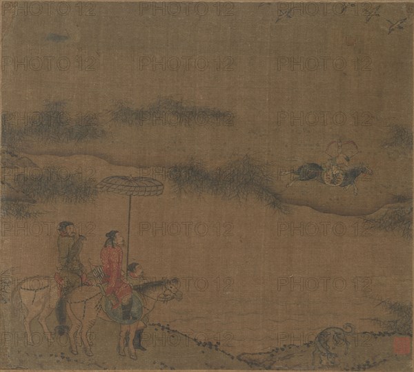 Three Horsemen Hunting Wild Geese, 960-1279. China, Song dynasty (960-1279). Album leaf, ink and color on silk; overall: 21 x 23.4 cm (8 1/4 x 9 3/16 in.).