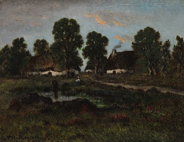 Cottages Near Larchant, not dated. Imitator of Théodore Rousseau (French, 1812-1867). Oil on wood panel; unframed: 13.6 x 17.6 cm (5 3/8 x 6 15/16 in.)