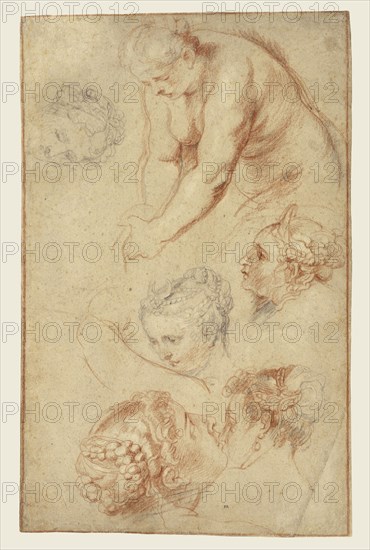 Studies of Women; Peter Paul Rubens, Flemish, 1577 - 1640, 1628; Black, red, and white chalk, lower right corner replaced