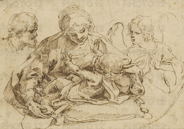 Holy Family with an Angel; Guido Reni, Italian, 1575 - 1642, mid - late 1590s; Pen and brown ink; 14.1 x 20 cm