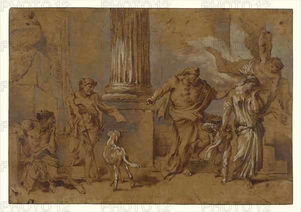 The Expulsion of Hagar; Giovanni Benedetto Castiglione, Italian, 1609 - 1664, Italy; late 1640s; Red-brown, blue-green