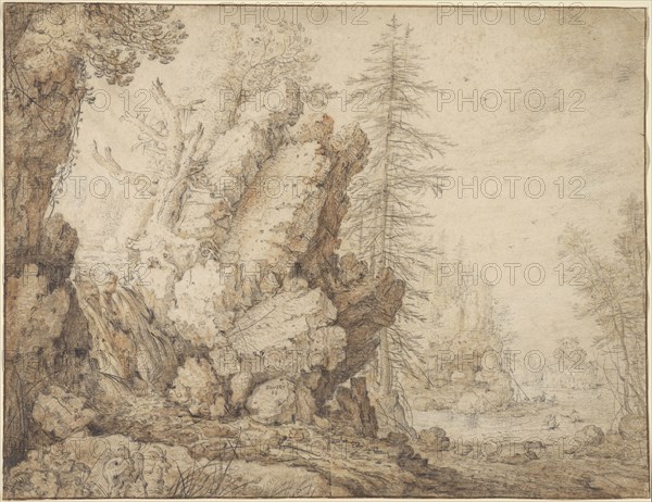 Landscape with Waterfall; Roelandt Savery, Flemish, 1576 - 1639, early 1620s; Black chalk and brush and red wash