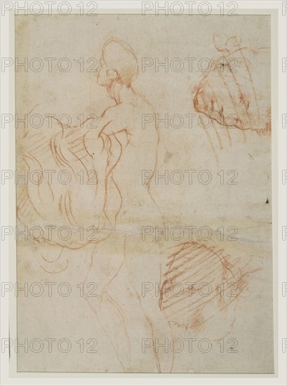 Study of a Kneeling Figure with a Sketch of a Face, recto, Figure Study and Face, verso, Andrea del Sarto, Italian, 1486