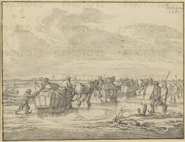 A Scene on the Ice with Skaters and Wagons; Pieter Molijn, Dutch, 1595 - 1661, 1655; Black chalk with gray wash; 14.9 x 19.4 cm