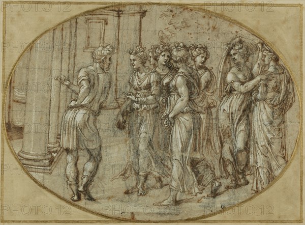 Odysseus and the Daughters of Lycomedes; Baldassare Peruzzi, Italian, 1481 - 1536, about 1520; Pen and brown ink, black chalk