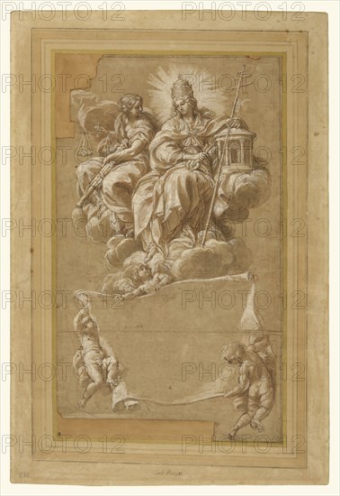 Faith and Justice Enthroned; Carlo Maratti, Italian, 1625 - 1713, Italy; about 1676; Pen and brown ink, brown wash, red chalk