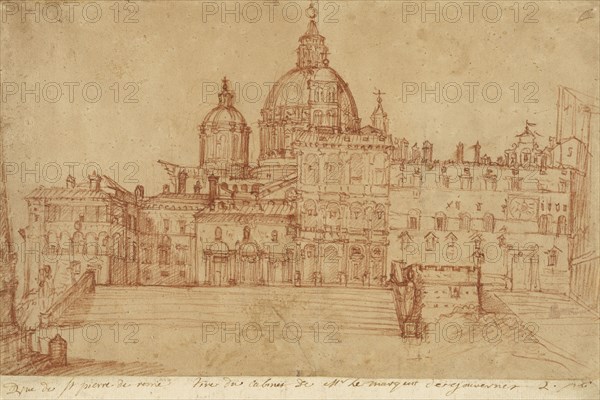 View of Saint Peter's, recto, Study of a Young Man, verso, Federico Zuccaro, Italian, about 1541 - 1609, Italy; 1603; Red