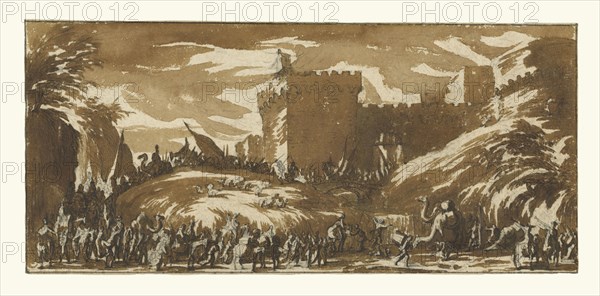 An Army Leaving a Castle; Jacques Callot, French, 1592 - 1635, France; about 1632; Brush and brown wash over black chalk