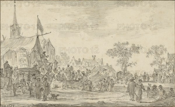 A Village Festival with Musicians Playing Outside a Tent; Jan van Goyen, Dutch, 1596 - 1656, 1653; Black chalk and gray wash