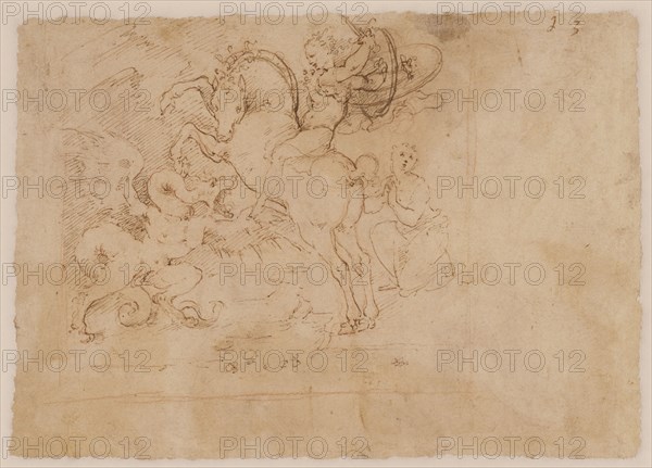 The Swooning Virgin Supported by Three Holy Women and Three Studies of Men, recto, Saint George and the Dragon, verso, Cesare