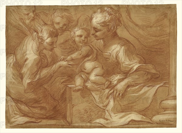 Mystic Marriage of Saint Catherine; Bartolomeo Biscaino, Italian, 1632 - 1657, Italy; about 1655; Red chalk with white gouache