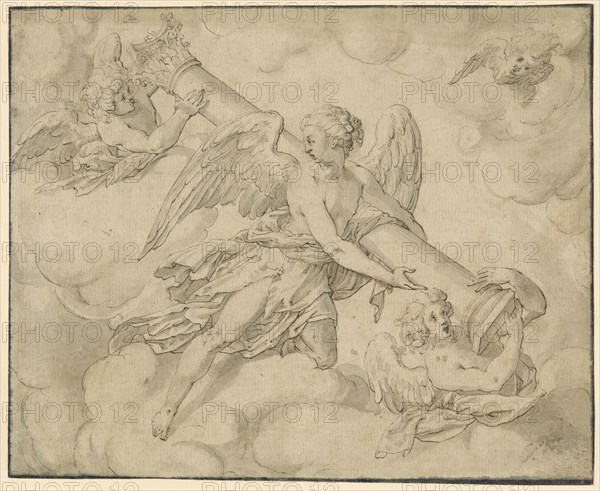 Angels Bearing the Column of the Passion; Friedrich Sustris, Dutch, about 1540 - 1599, Holland; about 1580 - 1590; Pen and dark