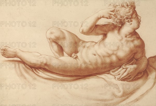 Reclining Male Nude; Francesco Salviati, Italian, 1510 - 1563, about 1550; Red chalk with stumping, heightened with white