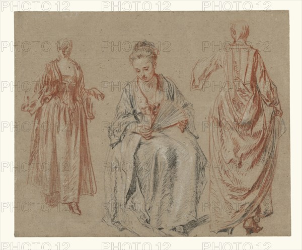 Studies of Three Women; Jean-Antoine Watteau, French, 1684 - 1721, France; about 1716 - 1717; Red, black, and white chalk