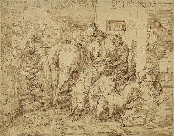 The Good Samaritan; Master of the Egmont Albums, Netherlandish ?, active about 1580 - 1590, about 1580 - 1590; Pen and brown