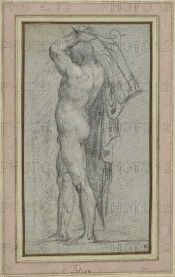 Nude Man Carrying a Rudder on His Shoulder; Titian, Tiziano Vecellio, Italian, about 1487 - 1576, about 1555 - 1556; Black