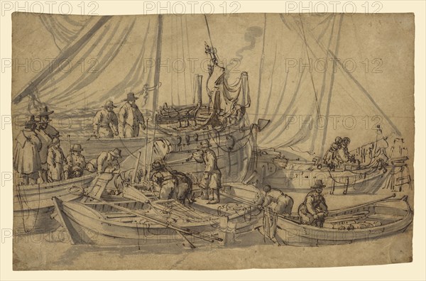 Figures on Board Small Merchant Vessels; Willem van de Velde the Elder, Dutch, 1611 - 1693, Holland; about 1650 - 1655; Pen