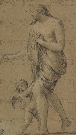 Study of a Female Figure with a Putto, recto, Study of a Male Nude, verso, Simon Vouet, French, 1590 - 1649, France