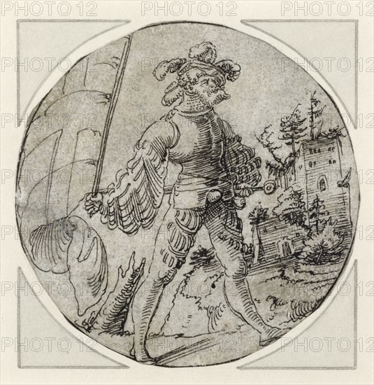 A Standard Bearer before a Castle; Master of the Berlin Roundels, German, active 1515, Germany; about 1515; Pen and black ink