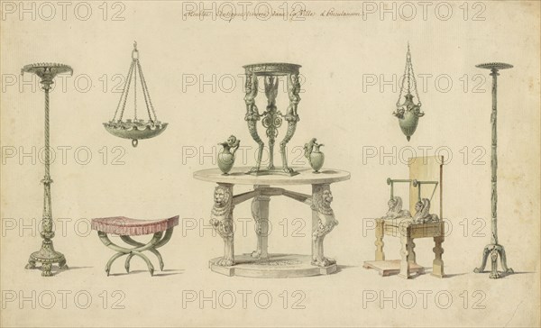 Vases, Furniture, and Objects Discovered at Herculaneum; Pierre-Adrien Pâris, French, 1745 - 1819, France; 1777; Pen and black