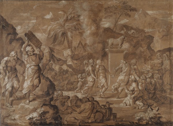 The Israelites Dancing around the Golden Calf; Sébastien Bourdon, French, 1616 - 1671, France; about 1645; Pen and brown ink