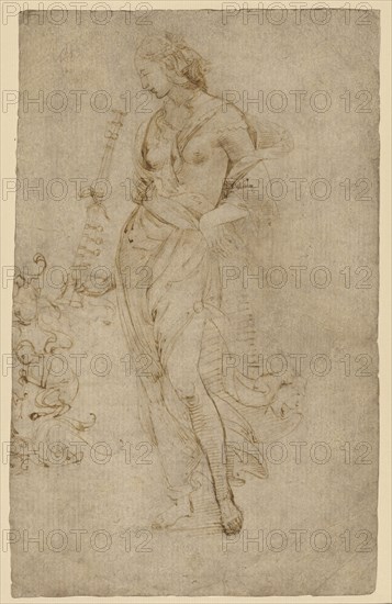 Female Figure with a Tibia, and Ornamental Studies, recto, Ornamental Studies, verso, Attributed to Raphael Raffaello Sanzio