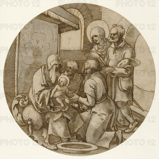 The Circumcision; Sebald Beham, German, 1500 - 1550, Germany; about 1522; Pen and brown ink, red chalk, and gray, red