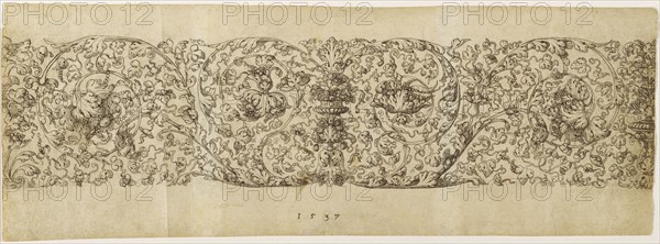 Design for a Frieze of Grapevines; Virgil Solis, German, 1514 - 1562, Germany; 1537; Pen and black ink, horizontal stylus