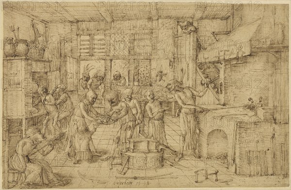 A Scene in a Forge; Jan Verbeeck, Flemish, active about 1548 - 1560, 1548; Pen and brown ink; 18.4 x 27.9 cm, 7 1,4 x 11 in