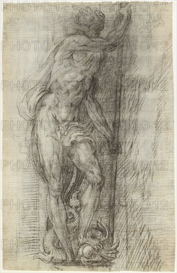 Neptune; Giulio Campi, Italian, about 1508 - 1573, Italy; 1541; Black chalk, the principle lines indented, recto, Rubbed with