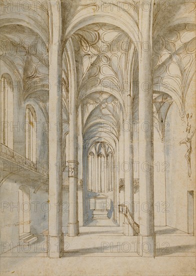 Interior of a Gothic Church; Paul Juvenal the Elder, German, 1579 - 1643, Germany; 1629; Pen and brown ink, blue and gray wash