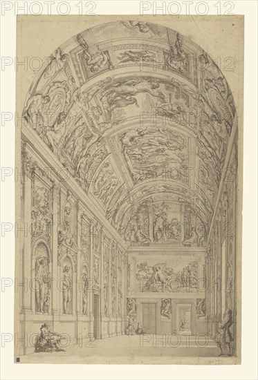 View of the Farnese Gallery, Rome; Francesco Panini, Italian, 1745 - 1812, Italy; about 1775; Pen and black ink and gray wash