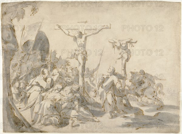 The Crucifixion; Hans von Aachen, German, 1552 - 1615, about 1587; Pen and brown ink and gray wash, heightened with white