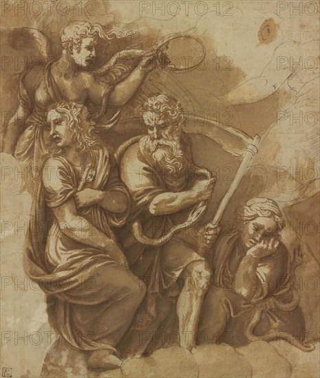 Victory, Janus, Chronos & Gaea; Giulio Romano, Giulio Pippi, Italian, before 1499 - 1546, about 1532 - 1534; Pen and brown ink
