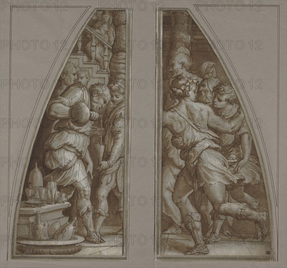 Bearded Man Filling a Glass: Youth Running; Giorgio Vasari, Italian, 1511 - 1574, about 1544 - 1545; Pen and brown ink