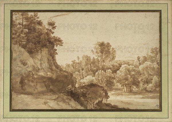 A Wooded Landscape; Herman van Swanevelt, Dutch, about 1600 - 1655, about 1629 - 1643; Brush and brown ink; 26.5 x 40 cm