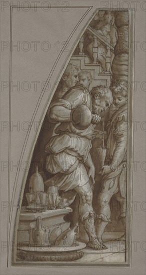 Bearded Man Filling a Glass; Giorgio Vasari, Italian, 1511 - 1574, about 1544 - 1545; Pen and brown ink and brown wash over