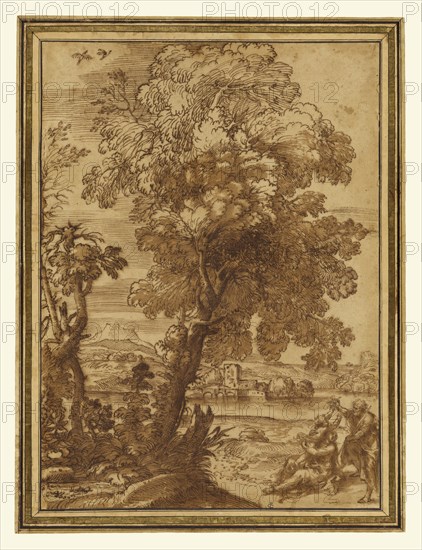 Landscape with the Holy Family, Rest on the Flight into Egypt, Alessandro Algardi, Italian, 1598 - 1654, and Giovanni